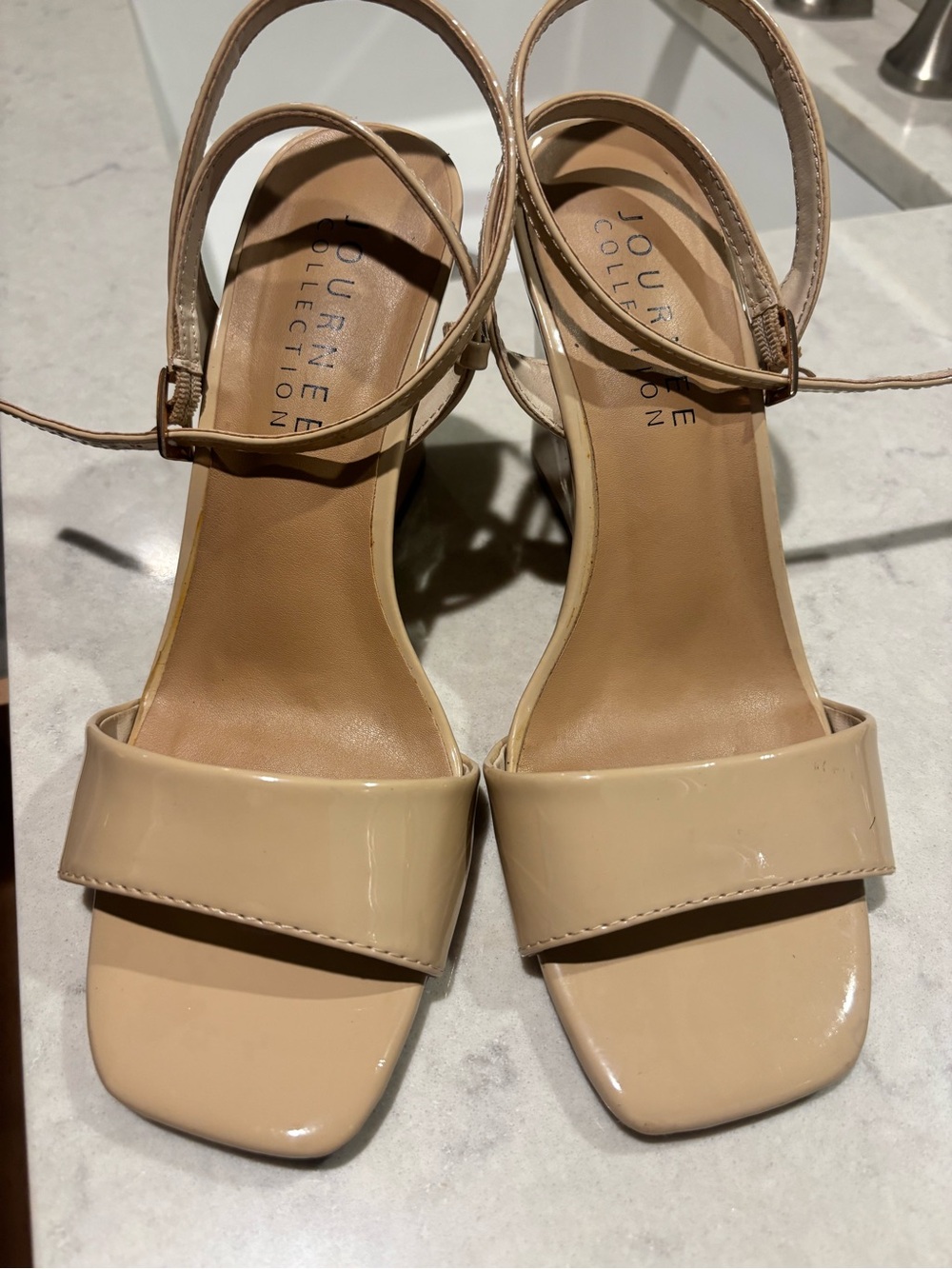 Journee Collection Beige Patent Block Heel Sandals